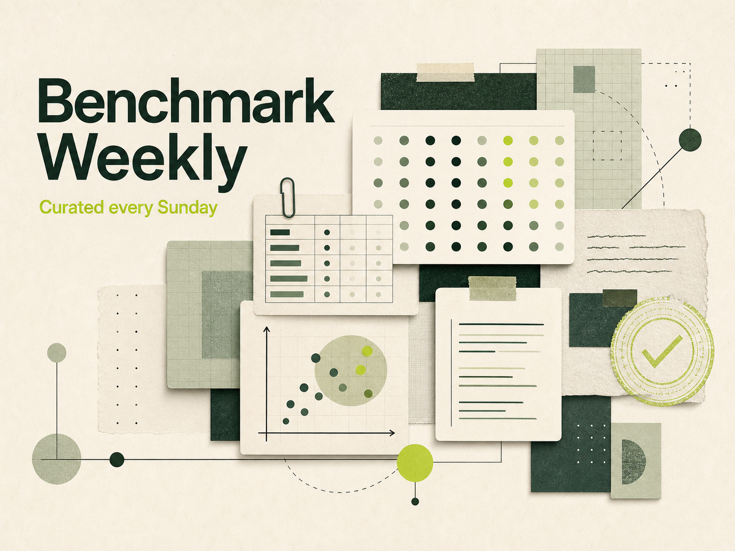 由数据卡片、坐标和评测节点构成的抽象研究插图